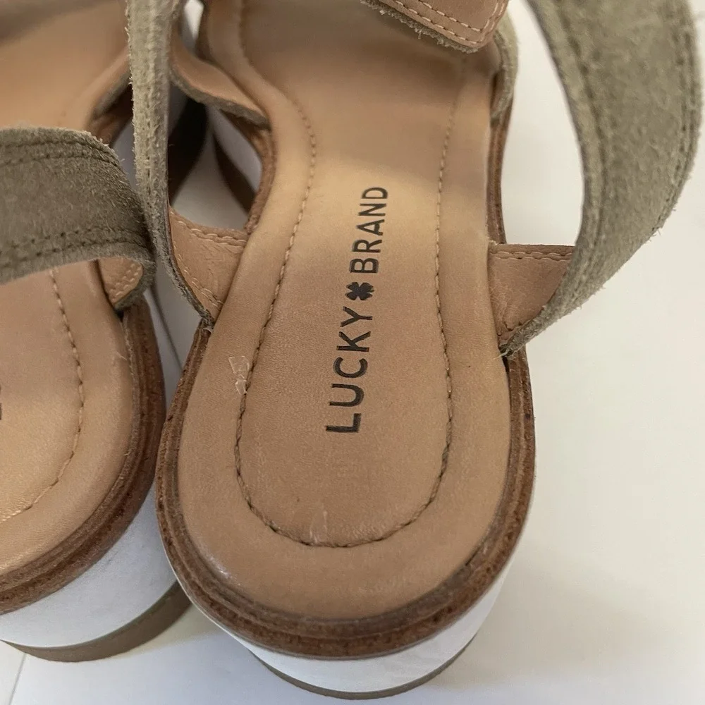 Lucky Brand Suede Wedge Platform Sandal Size‎ 8.5 Tarhi Olive Green Brown Whit